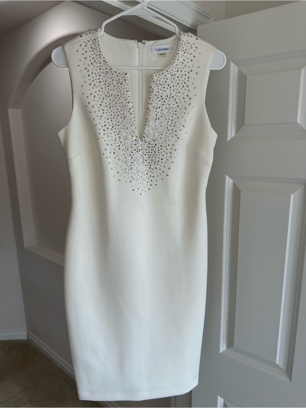 Calvin Klein white Sleeveless Midi Dress with Crystal Embellishments
